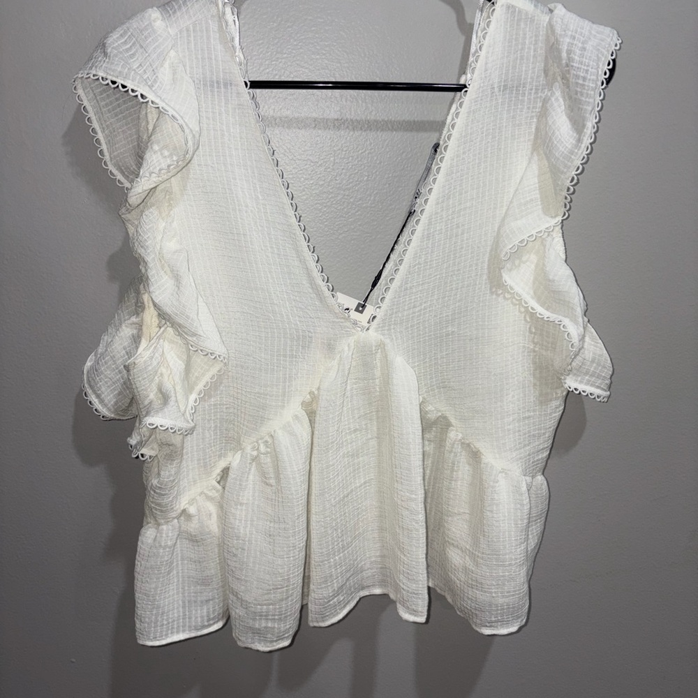 NWT Zara White Ruffled Peplum Blouse Tie Back Flutter Sleeve Size L - Picture 1 of 5